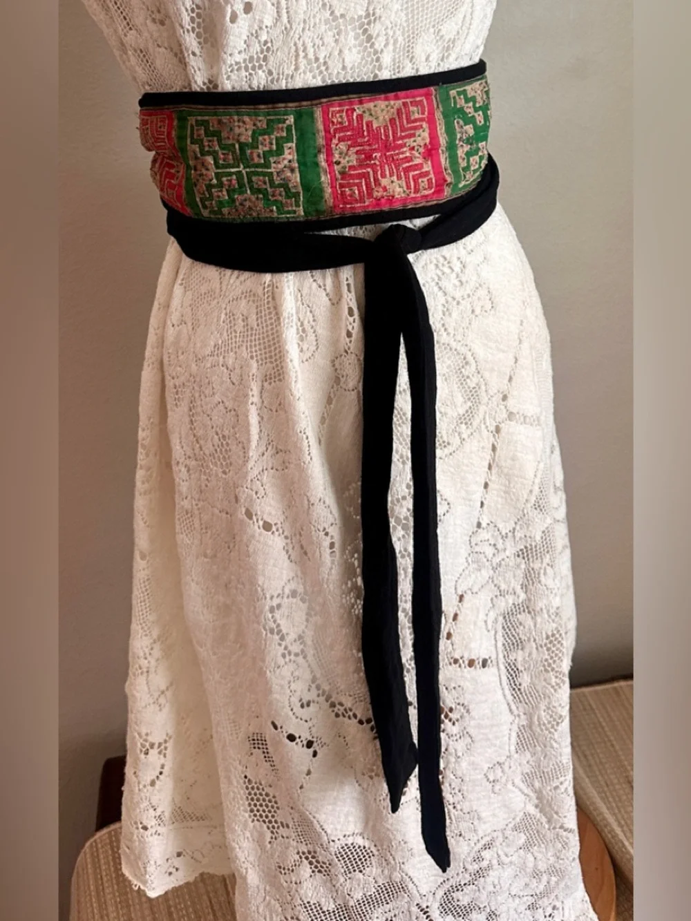 Vintage Hmong Paj Ntaub Obi Belt Boho Embroidered Wrap Money Belt